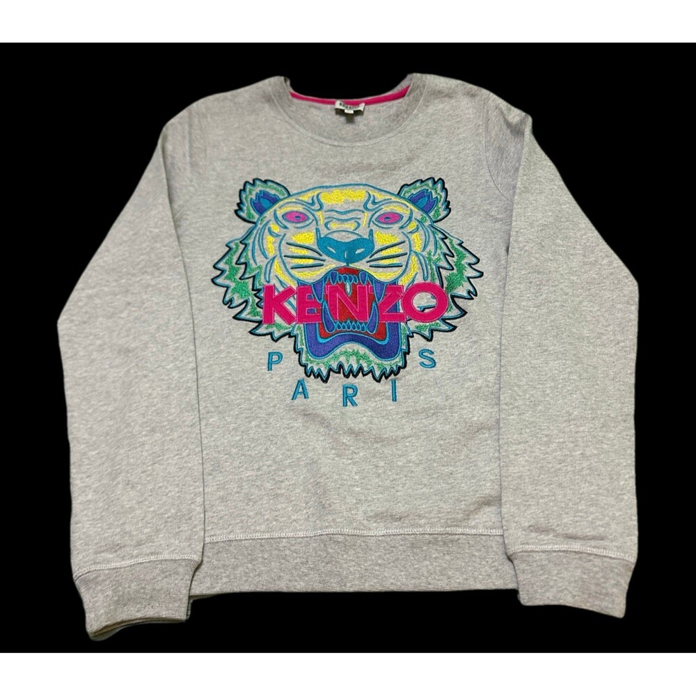 Kenzo Men’s Grey Sweatshirt with Neon Tiger Logo XS